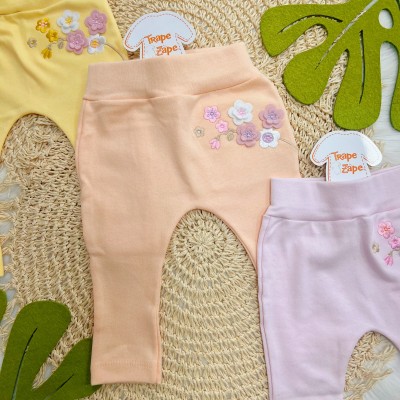 Kit 3 Calças - Galinhos de Flores - Amarelo, Salmão e Rosa